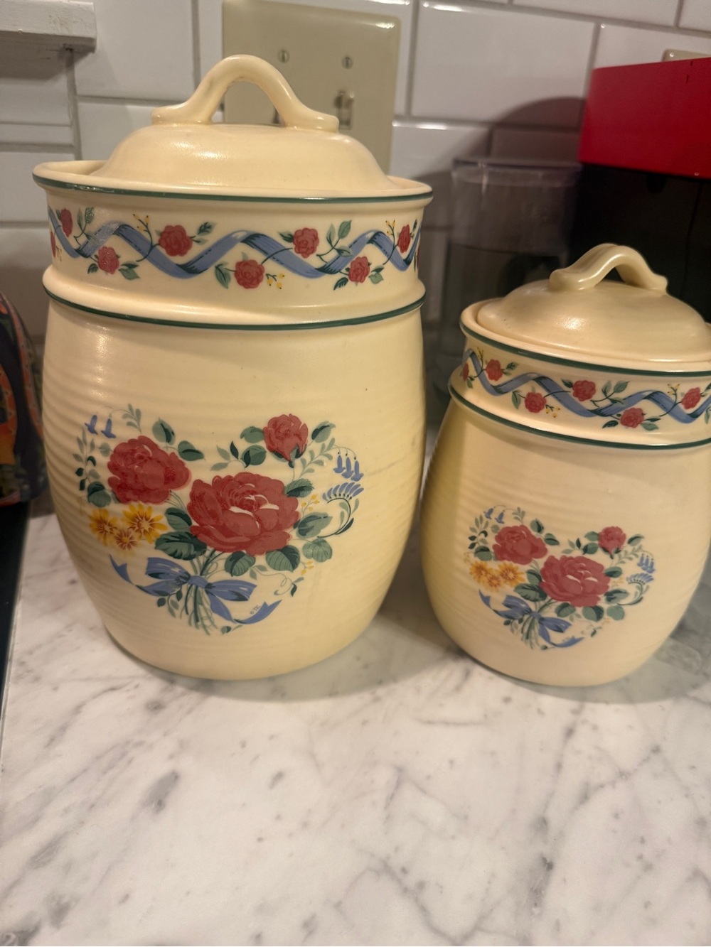 Floral Ceramic Canister Set - Cream with Red Rose Motif